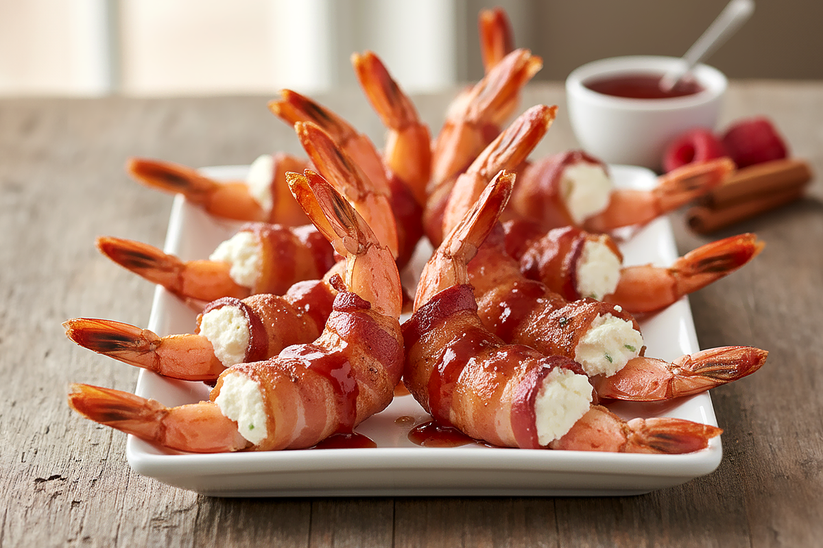 Bacon-Wrapped Stuffed Shrimp with Raspberry Habanero Glaze