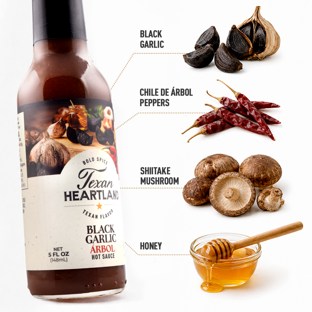 Black garlic hot sauce ingredients with chile de árbol, shiitake mushrooms and honey