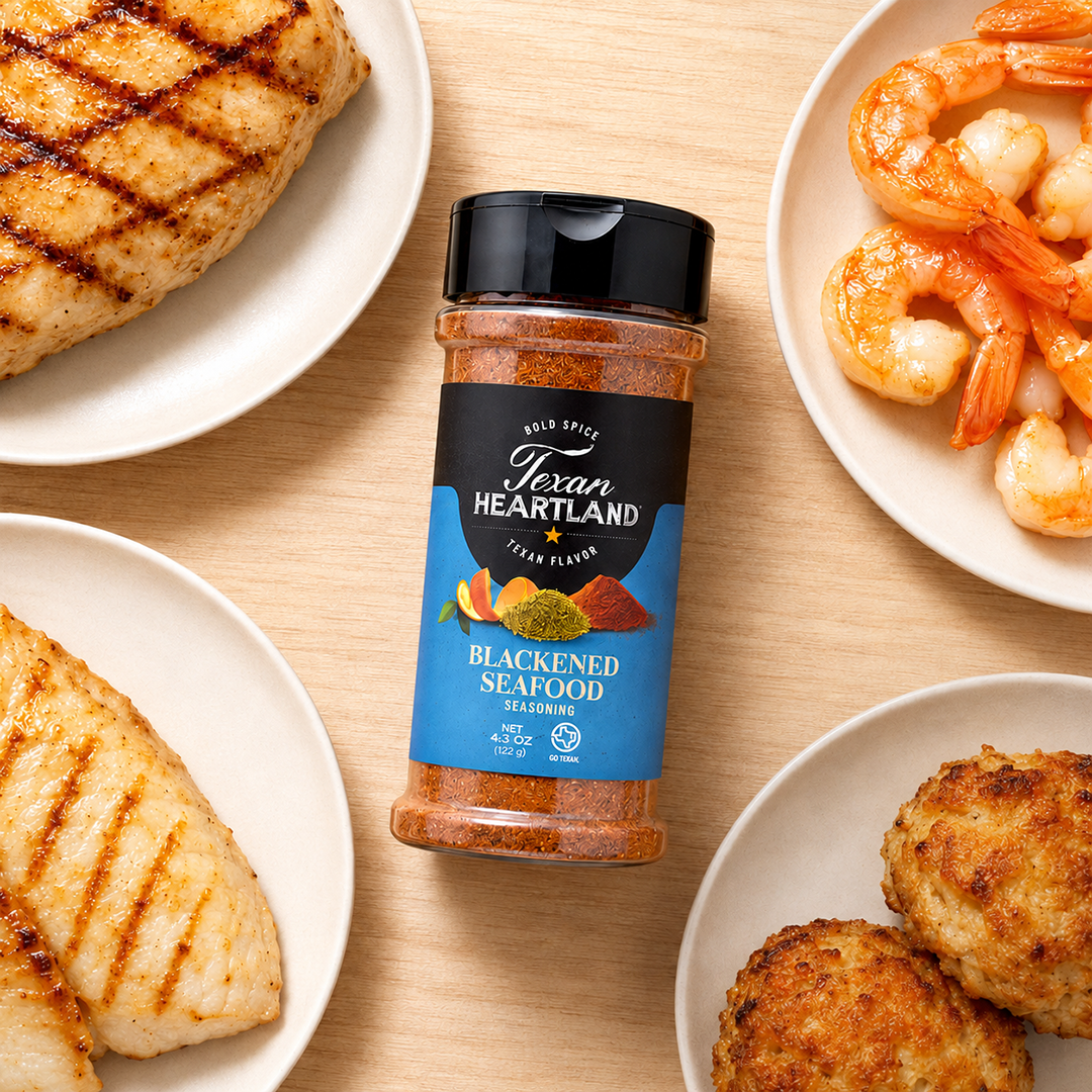 Blackened Seafood Seasoning with fish, shrimp and scallops