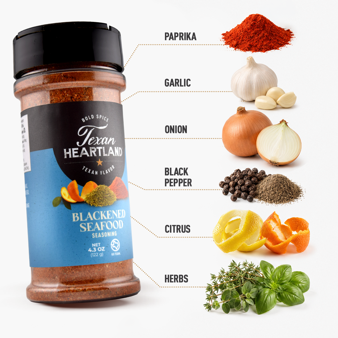 Blackened Seafood Seasoning ingredients with garlic, onion, mustard, brown sugar and citrus
