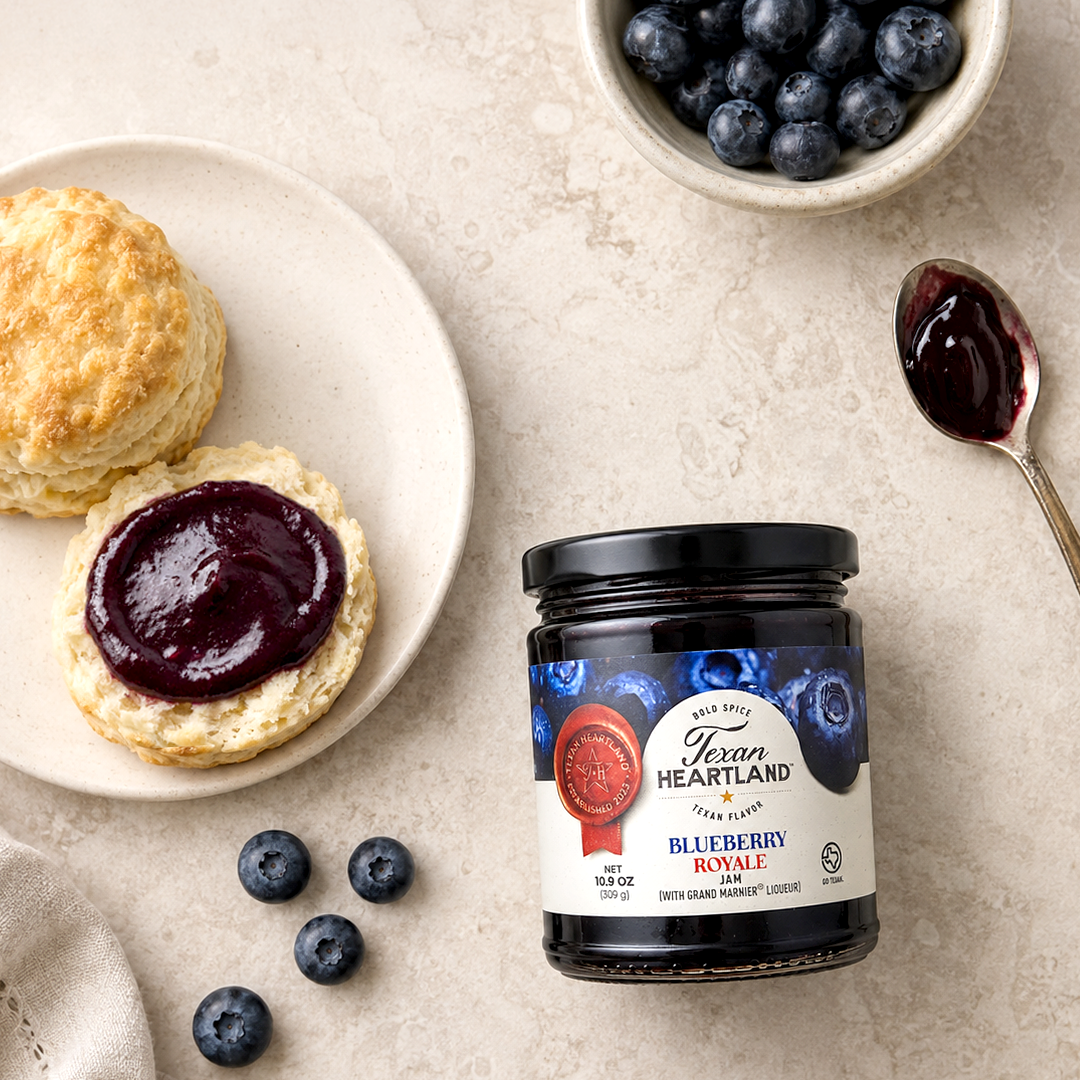 Blueberry Royale Jam with biscuits and fresh blueberries