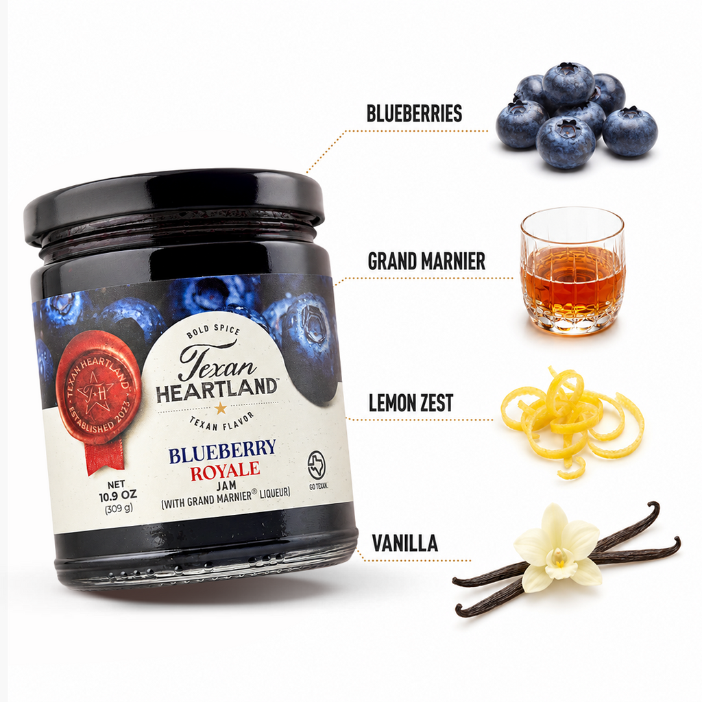 Blueberry Royale ingredients with blueberries, Grand Marnier, lemon zest and vanilla