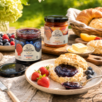 Blueberry Royale and Peach Amaretto Pecan jams from the Texan Heartland Charcuterie Bundle served with biscuits and berries
