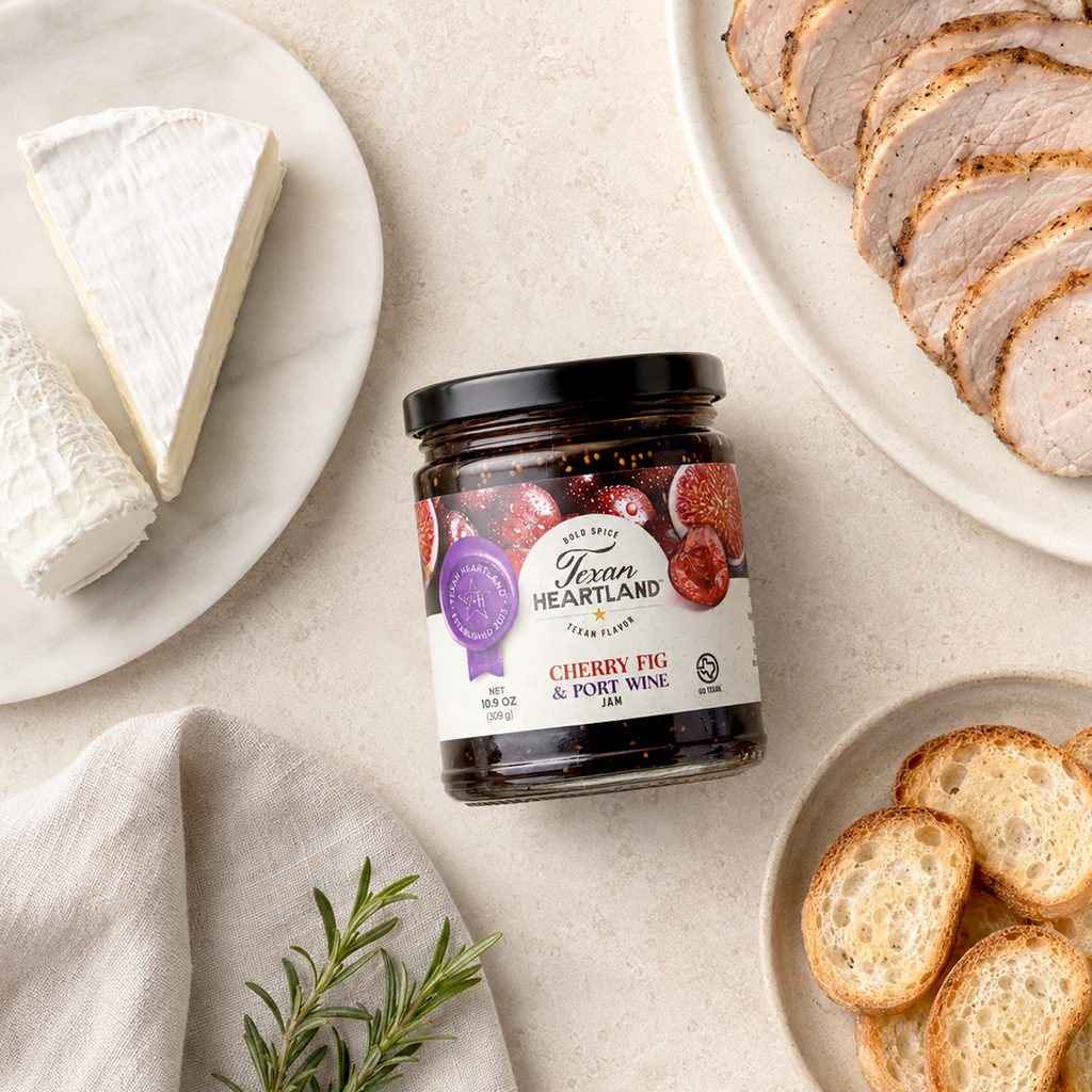 Cherry Fig & Port Wine Jam with brie, goat cheese, crostini and pork