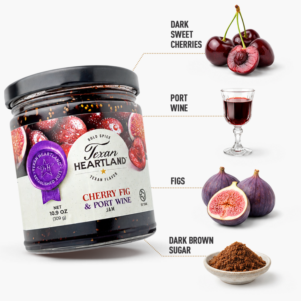 Cherry Fig & Port Wine Jam ingredients with dark sweet cherries, figs, port wine and brown sugar