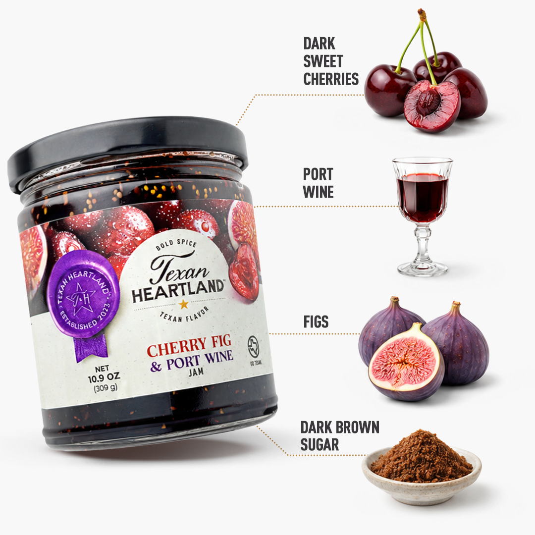 Cherry Fig & Port Wine Jam ingredients with dark sweet cherries, figs, port wine and brown sugar