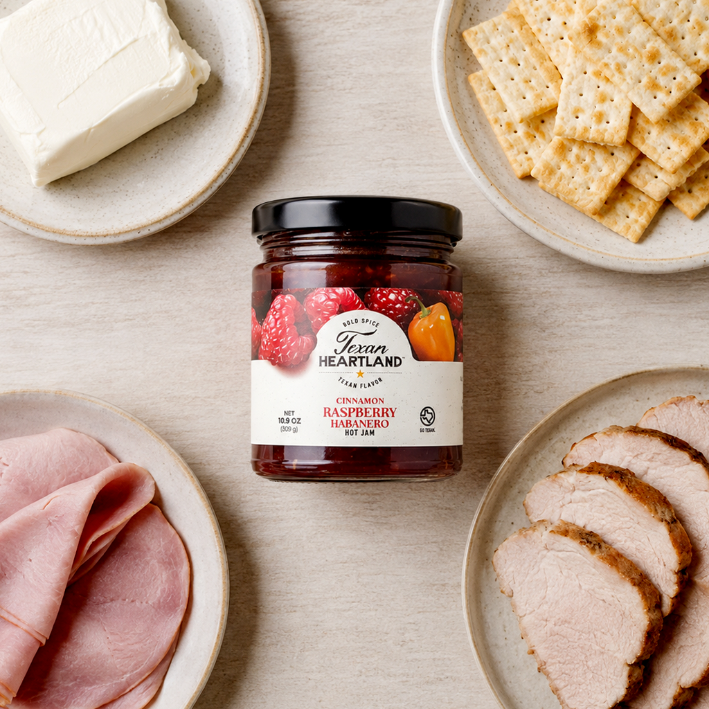 Cinnamon Raspberry Habanero Hot Jam with cream cheese, crackers, ham and pork