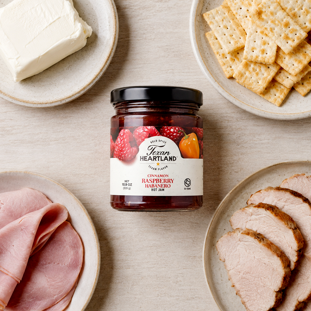 Cinnamon Raspberry Habanero Hot Jam with cream cheese, crackers, ham and pork