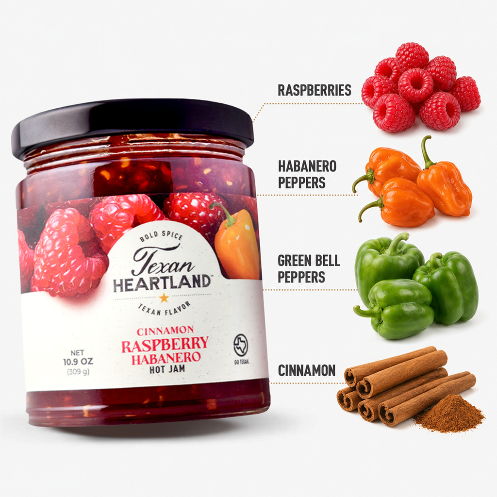 Cinnamon Raspberry Habanero Jam ingredients with raspberries, habanero peppers, bell peppers and cinnamon