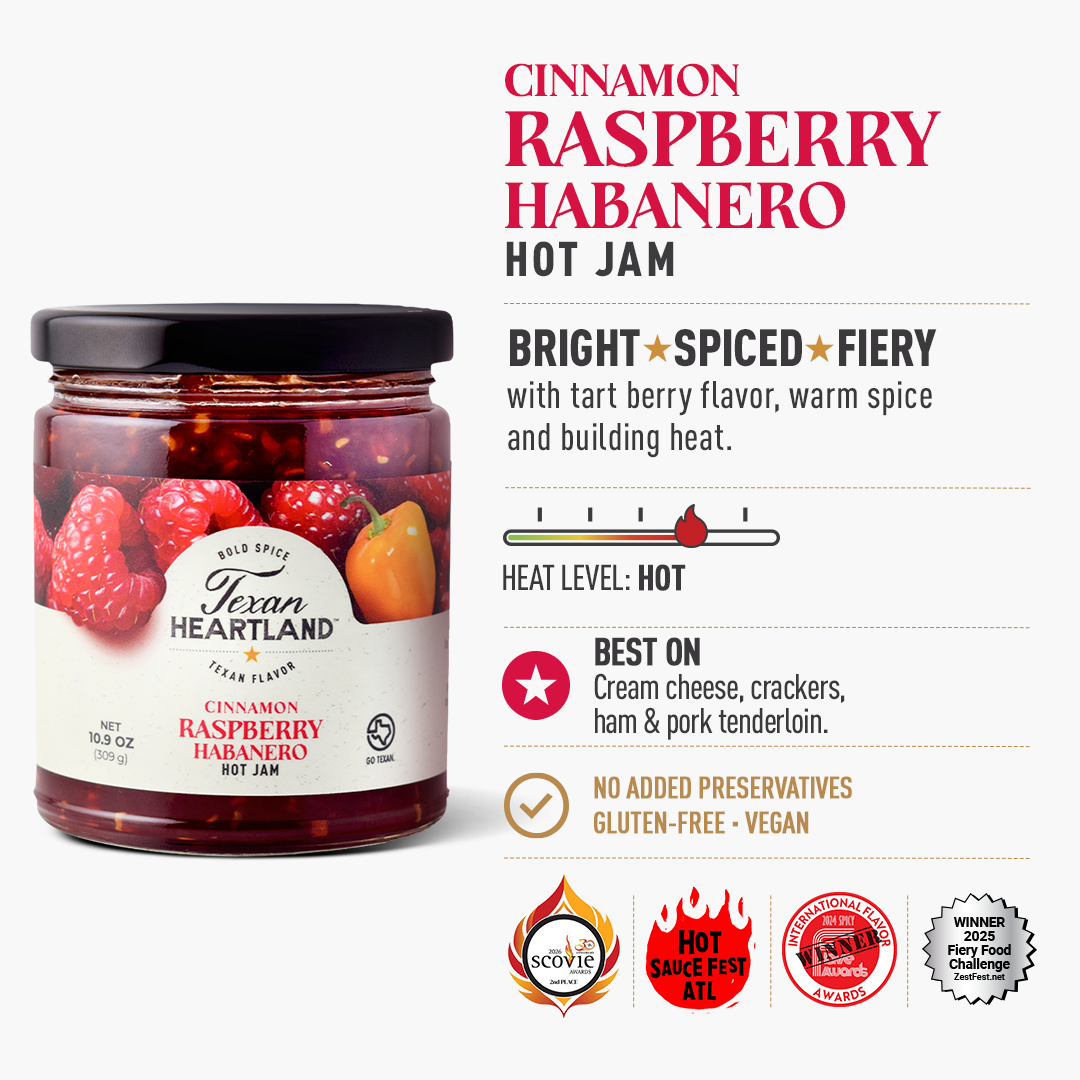 Cinnamon Raspberry Habanero Hot Jam flavor, hot heat level, best uses, claims and awards