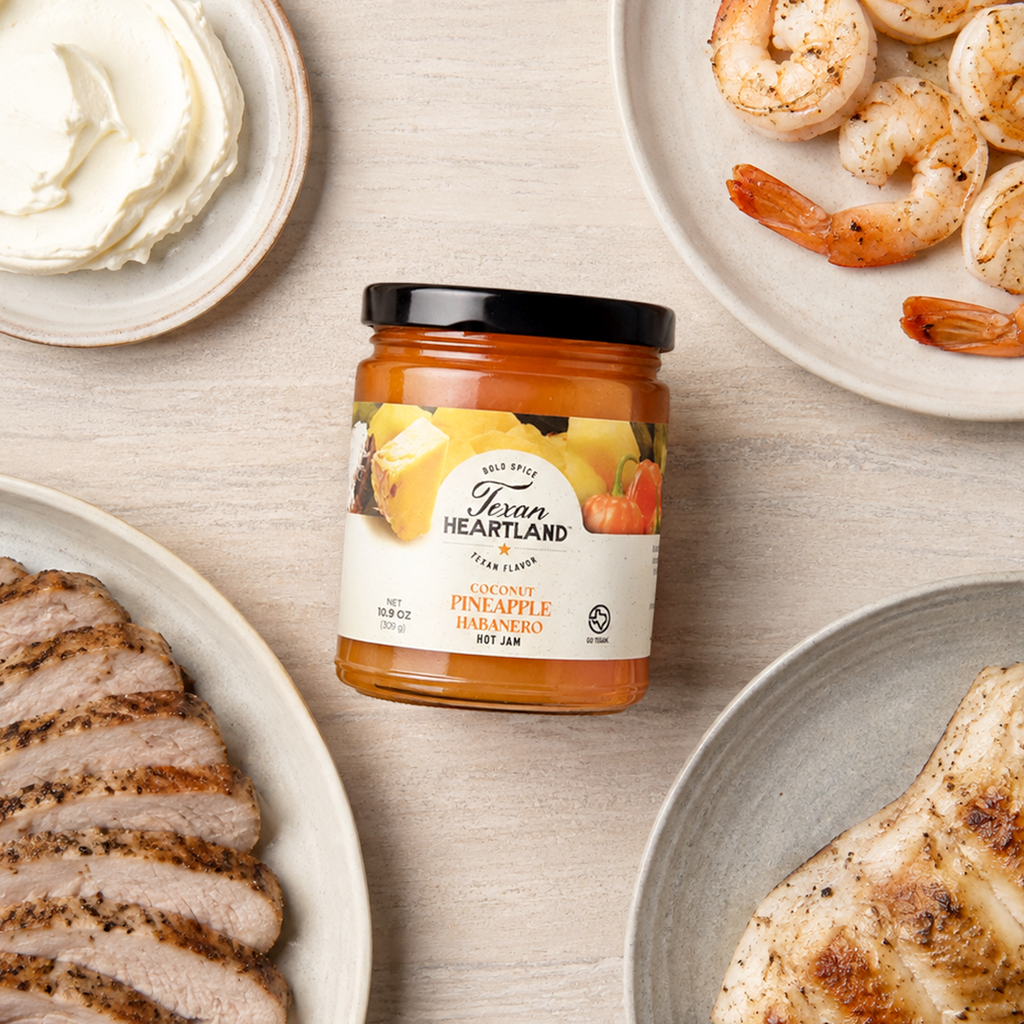 Coconut Pineapple Habanero Hot Jam with cream cheese, shrimp, pork and grilled fish
