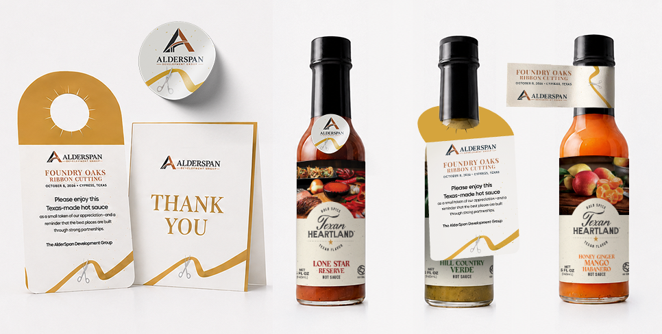 Texan Heartland corporate gift examples featuring hot sauce bottles with custom-branded tags, a matching thank-you card and gift-box sticker.