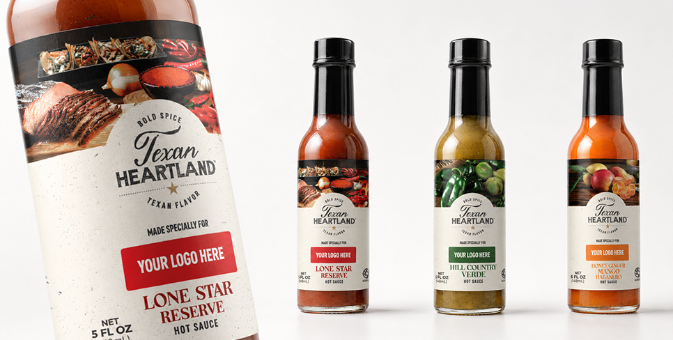 Three Texan Heartland specialty food products featuring “Your Logo Here” to demonstrate custom-branded products for businesses.
