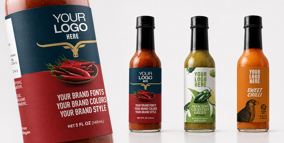 Three hot sauce bottles featuring sample brand labels to demonstrate Texan Heartland’s custom-label and private-label hot sauce services.