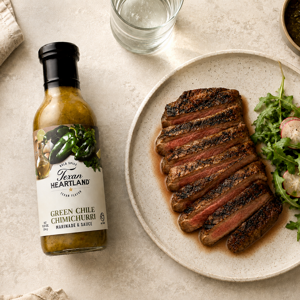Green Chile Chimichurri sauce with sliced grilled steak