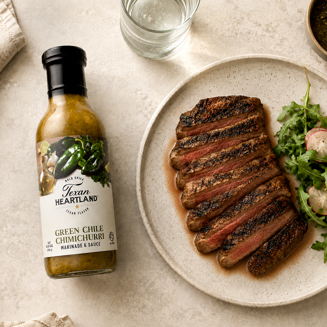 Green Chile Chimichurri sauce with sliced grilled steak