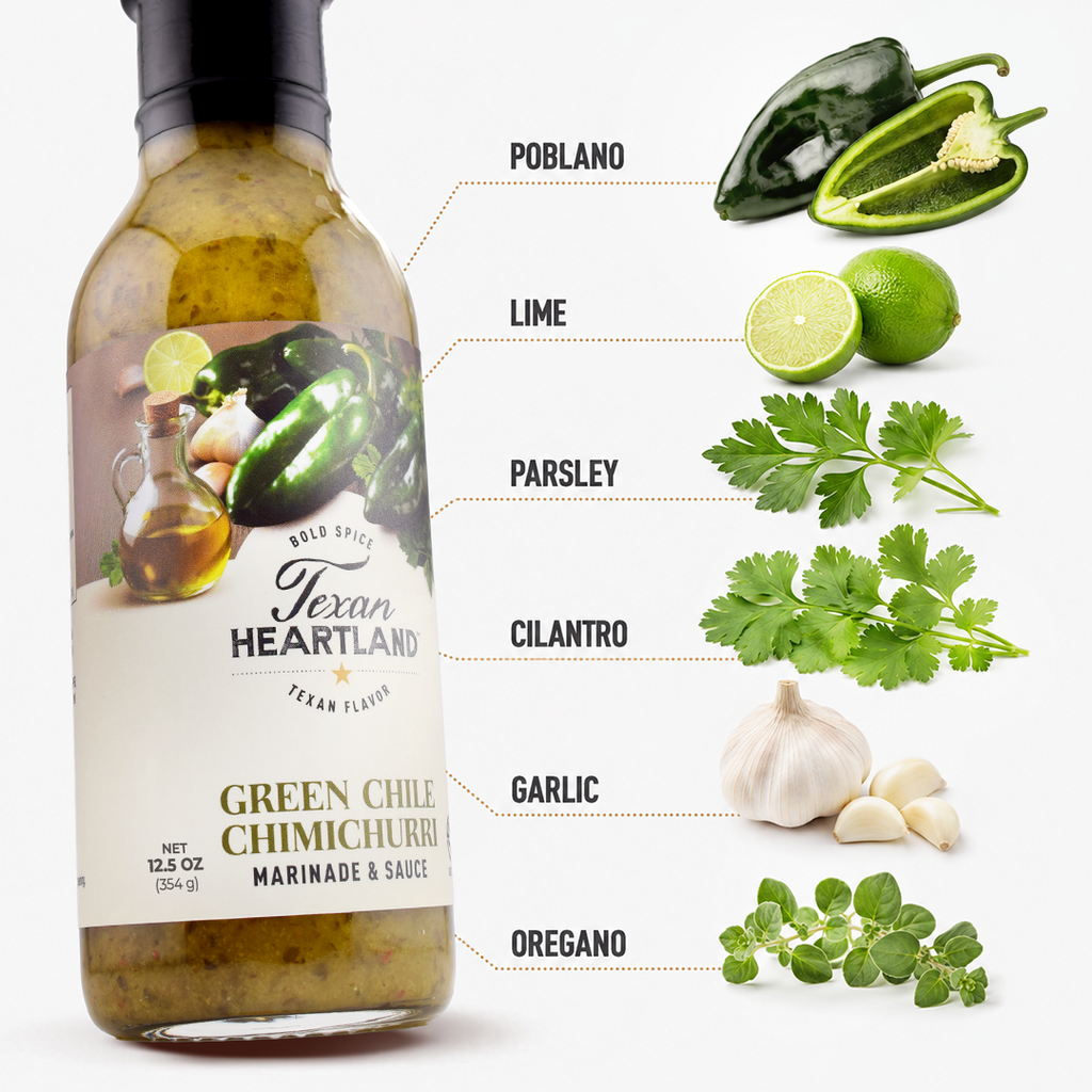 Green Chile Chimichurri ingredients with poblano, lime, parsley, cilantro, garlic and oregano