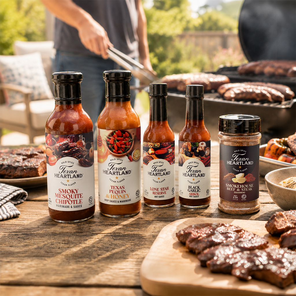 Texan Heartland Grill Master sauces and steak seasoning beside grilled steak, sausages and vegetables