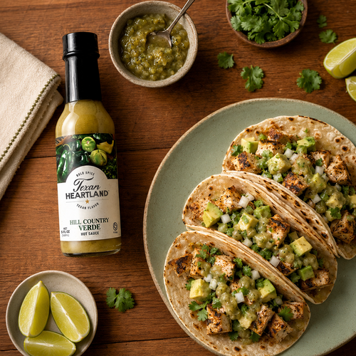 Hill Country Verde hot sauce with grilled chicken and avocado tacos
