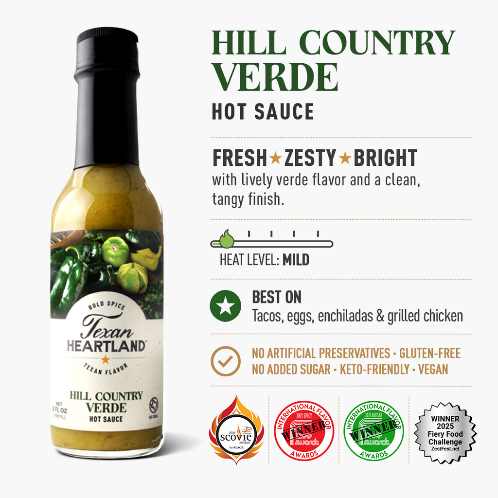 Hill Country Verde mild green hot sauce flavor, pairings and awards