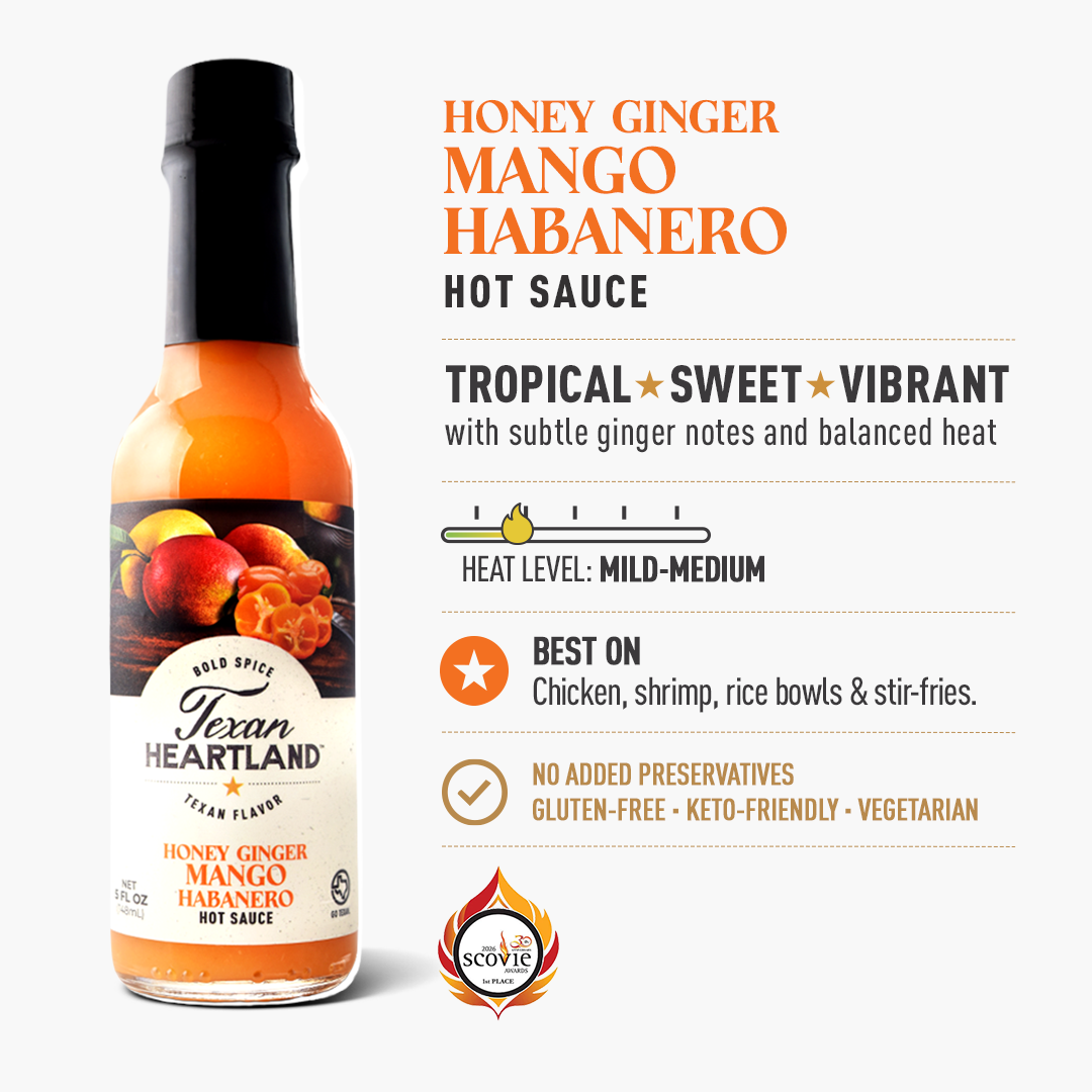 Honey Ginger Mango Habanero hot sauce flavor, heat level, pairings and award