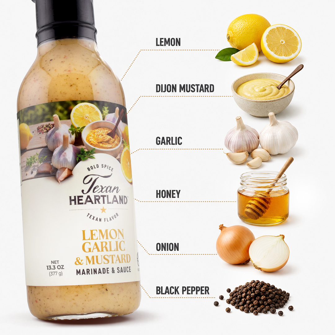 Lemon Garlic & Mustard ingredients with lemon, Dijon mustard, garlic, honey, onion and black pepper