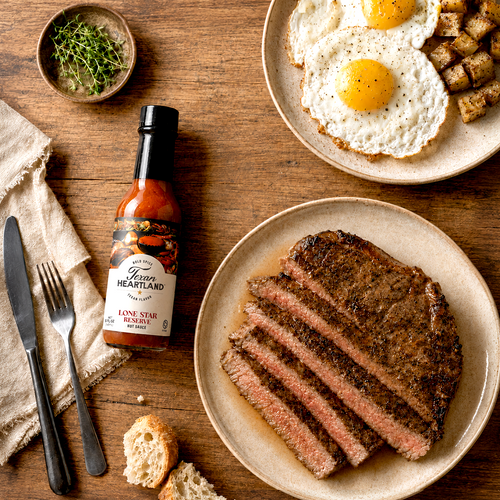 Lone Star Reserve hot sauce with steak, eggs and breakfast potatoes