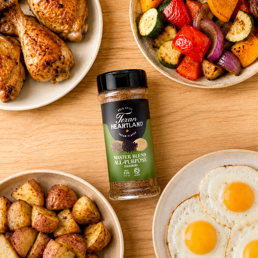 Master Blend All-Purpose Seasoning with chicken, roasted vegetables, potatoes and eggs