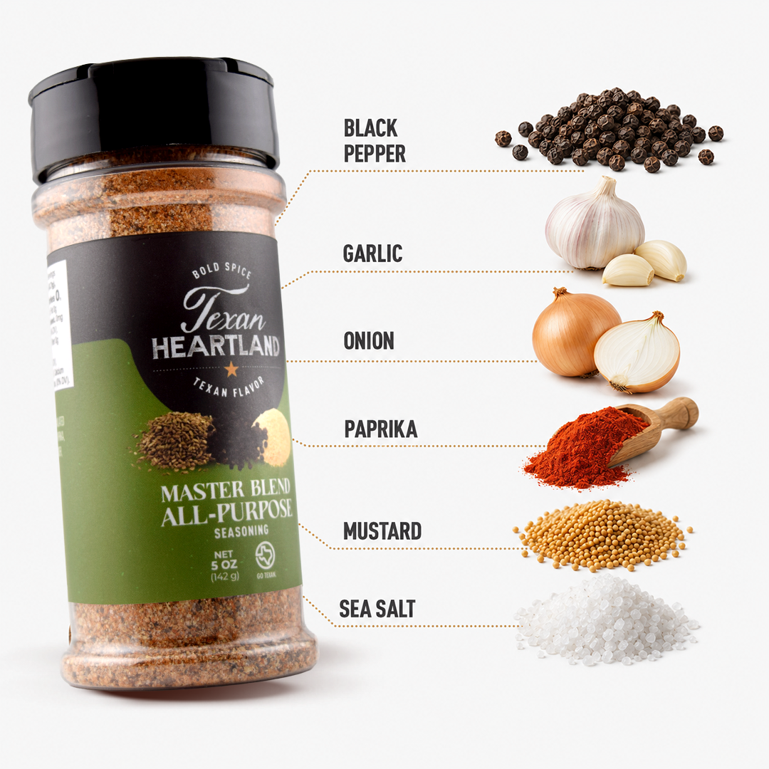 Master Blend All-Purpose Seasoning ingredients with black pepper, garlic, onion, paprika, mustard and sea salt