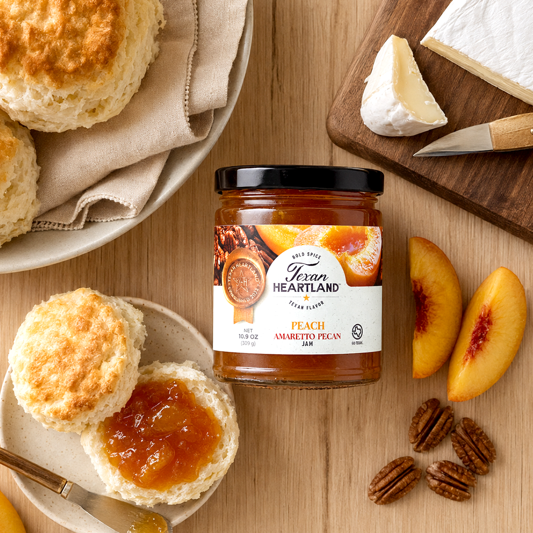 Peach Amaretto Pecan Jam with biscuits, brie, peaches and pecans