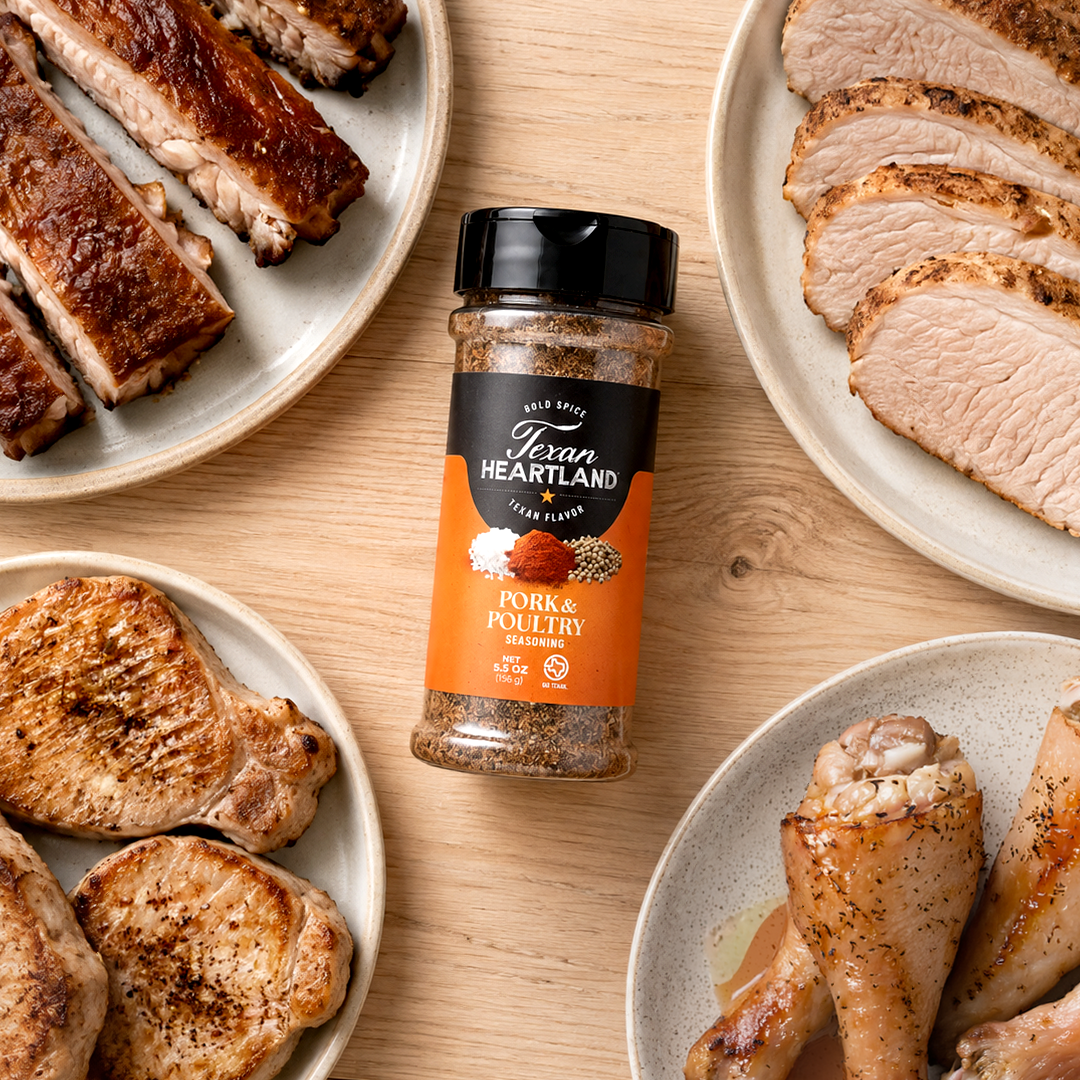 Pork & Poultry Seasoning with ribs, pork tenderloin, chicken and roasted turkey