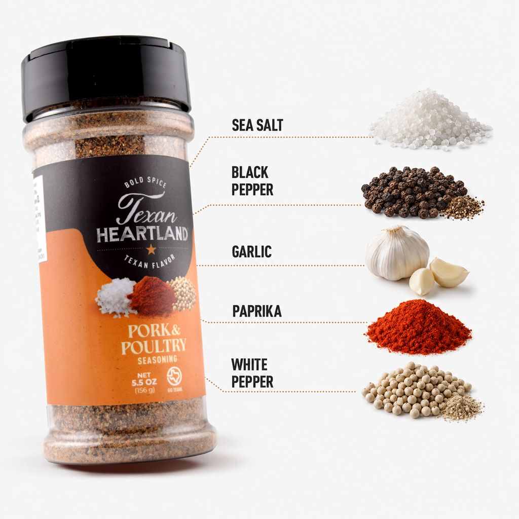 Pork & Poultry Seasoning ingredients with sea salt, black pepper, garlic, paprika and white pepper