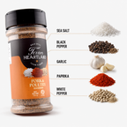 Pork & Poultry Seasoning ingredients with sea salt, black pepper, garlic, paprika and white pepper