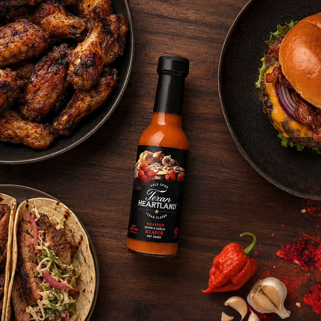 Roasted Onion & Garlic Reaper hot sauce with wings, burger and tacos