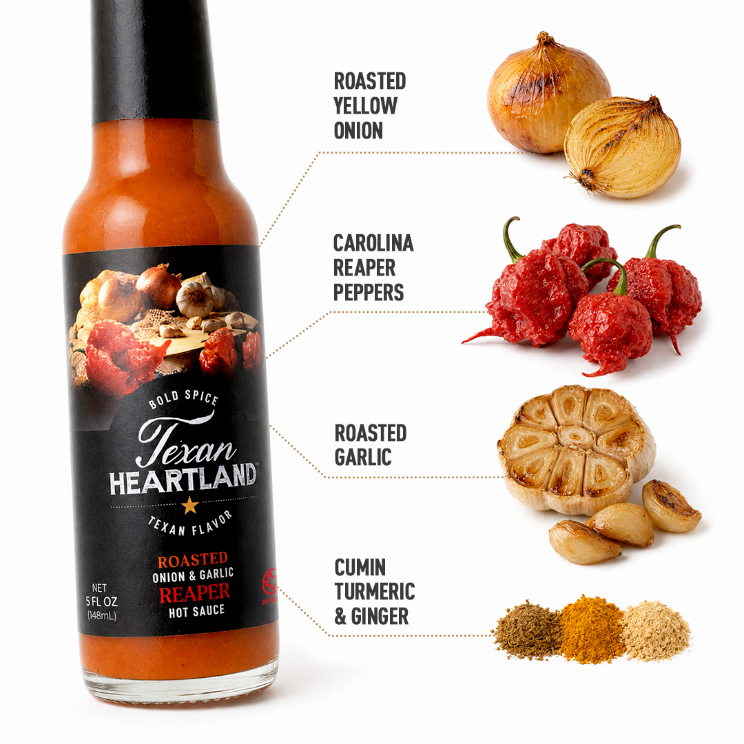 Carolina Reaper hot sauce ingredients with roasted onion, roasted garlic, Reaper peppers and spices