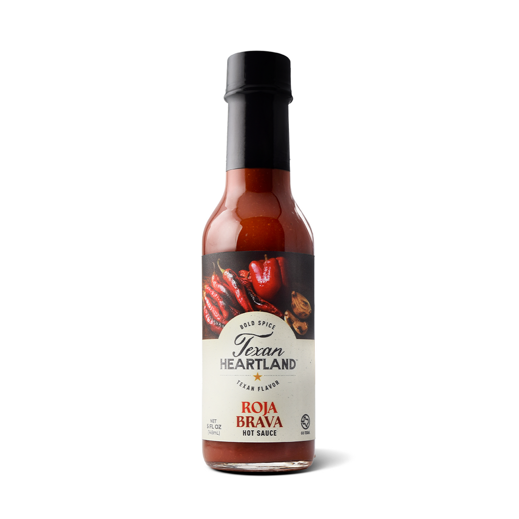 Texan Heartland Roja Brava Hot Sauce in a 5-ounce glass bottle against a white background.
