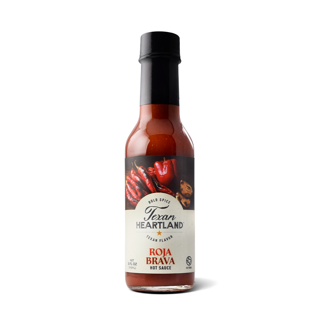 Texan Heartland Roja Brava Hot Sauce in a 5-ounce glass bottle against a white background.