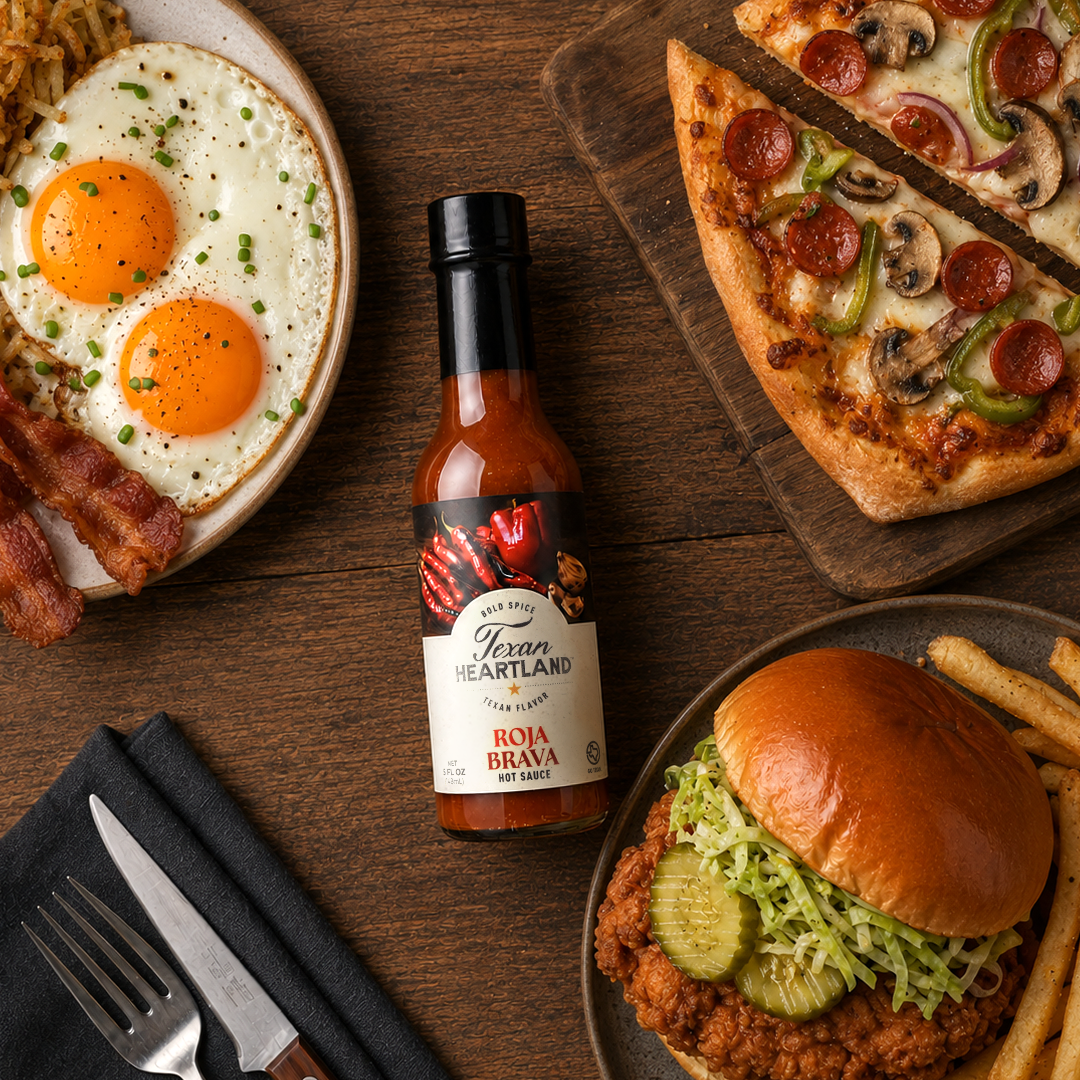 Texan Heartland Roja Brava Hot Sauce with fried eggs and bacon, pepperoni vegetable pizza, and a fried chicken sandwich with fries.