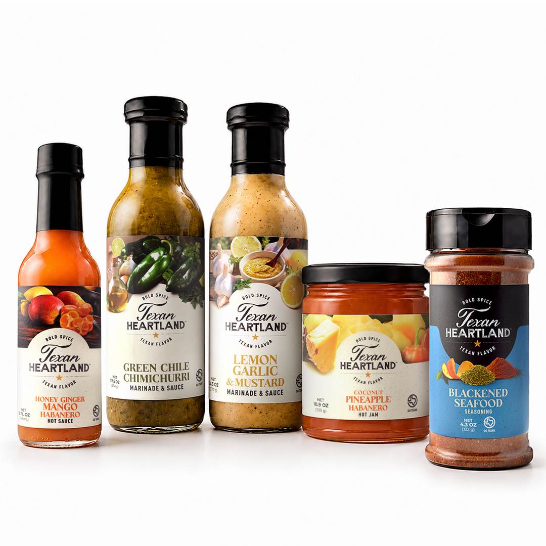 Texan Heartland Seafood Night Bundle with marinades, hot sauce, pepper jam and seafood seasoning
