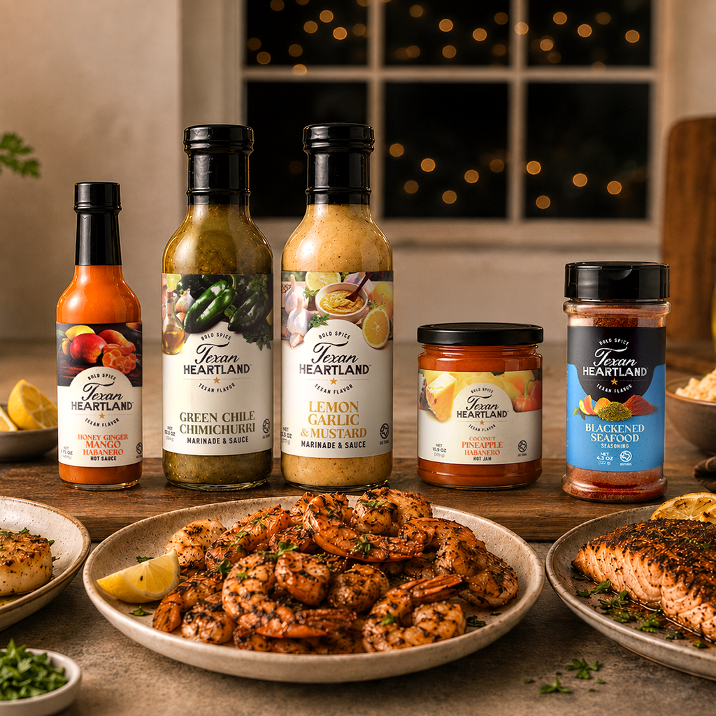 Texan Heartland Seafood Night sauces and seasoning served with grilled shrimp, salmon and scallops