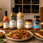 Texan Heartland Seafood Night sauces and seasoning served with grilled shrimp, salmon and scallops