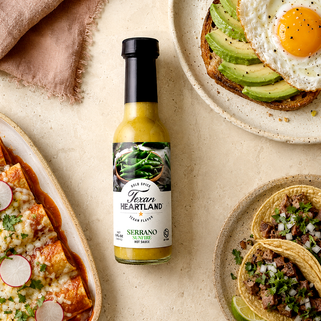 Serrano Sunfire hot sauce with tacos and avocado