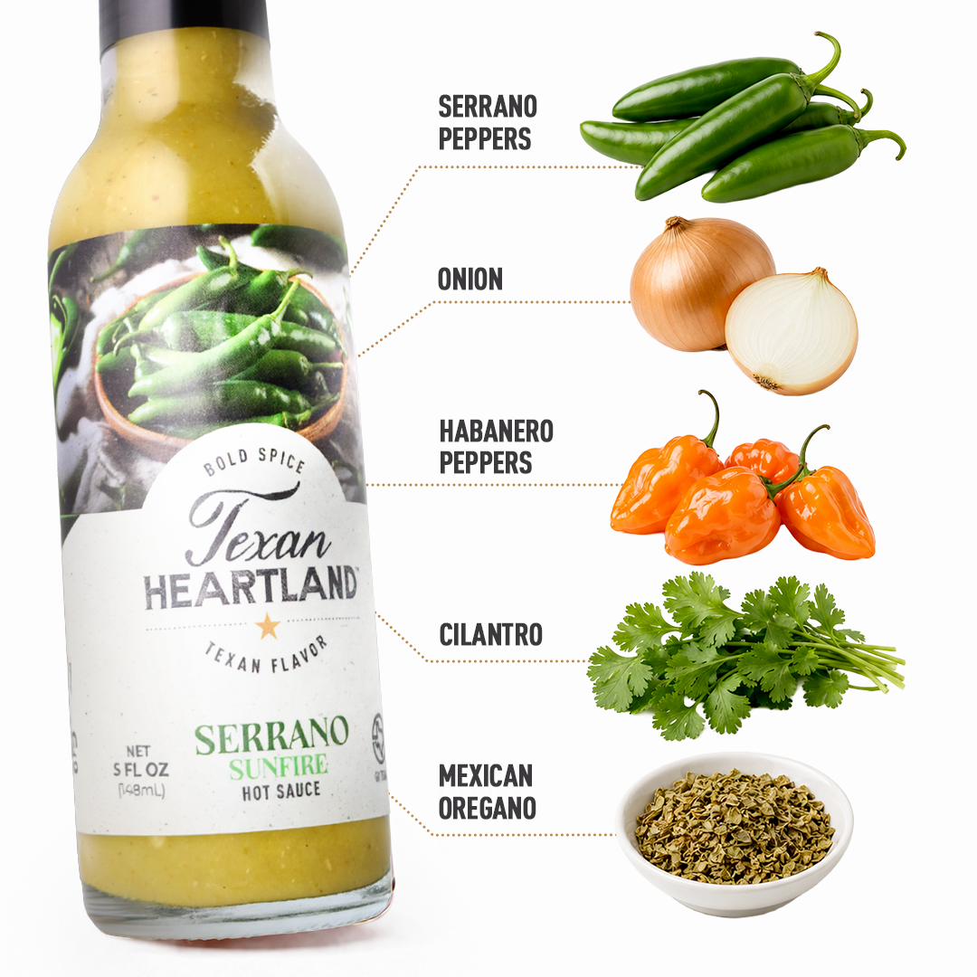 Serrano Sunfire ingredients with serrano peppers, habanero, lime, cilantro and onion