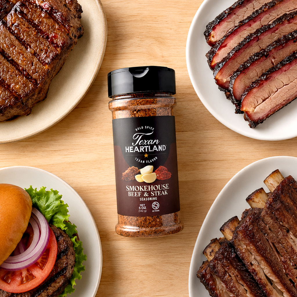 Smokehouse Beef & Steak Seasoning with steak, brisket, burger and beef ribs