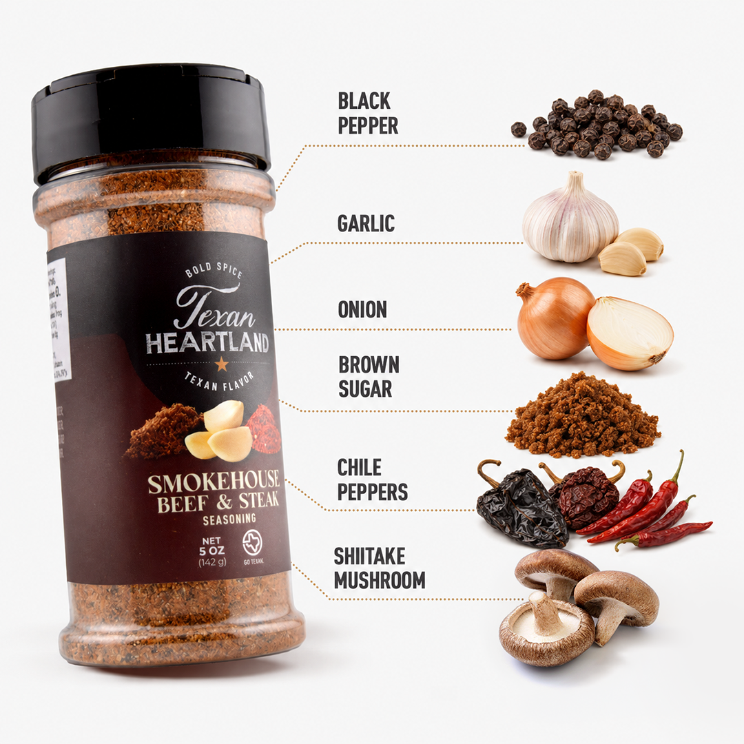 Smokehouse Beef & Steak Seasoning ingredients with black pepper, garlic, onion, brown sugar, chile peppers and shiitake mushrooms