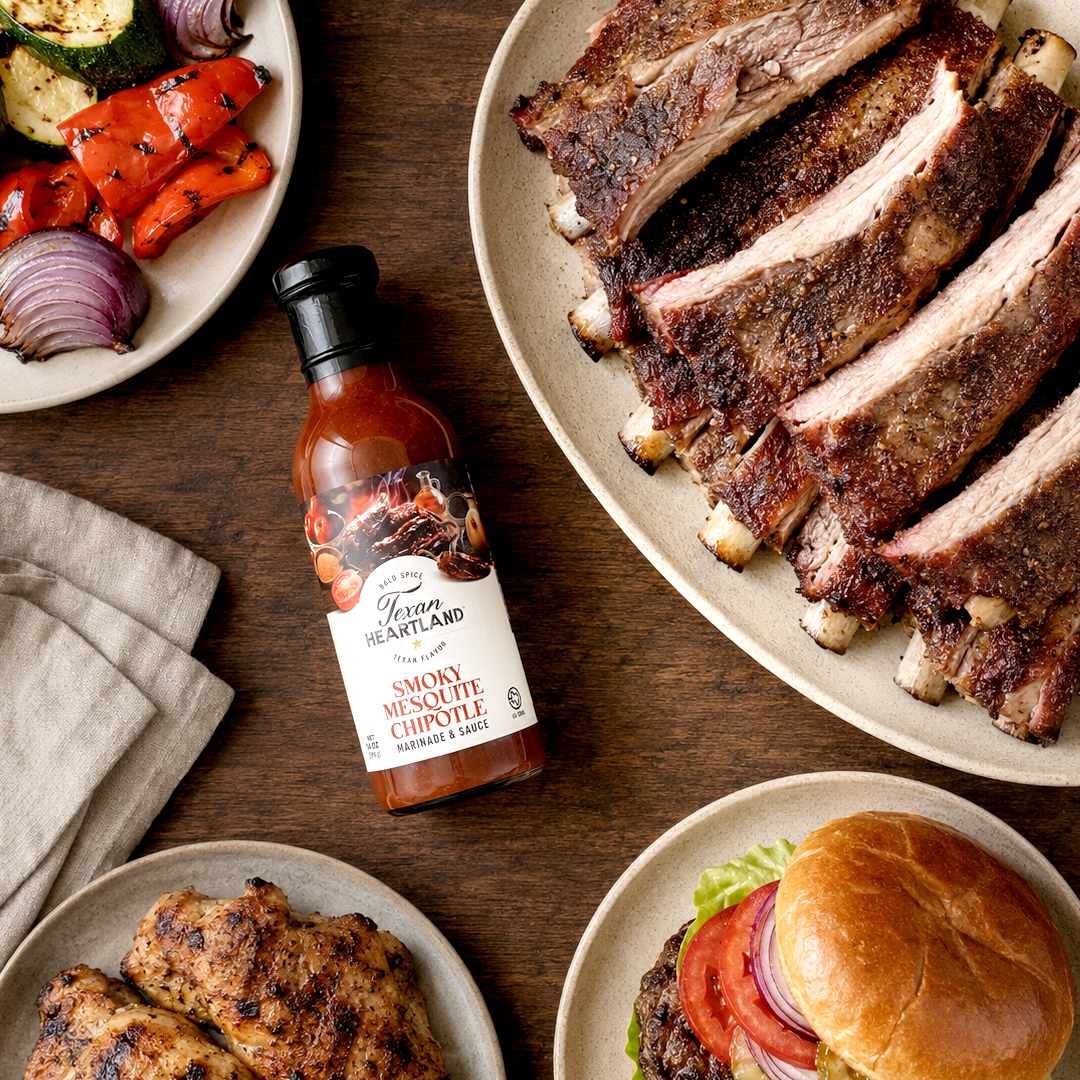 Smoky Mesquite Chipotle sauce with ribs, grilled chicken, burger and vegetables
