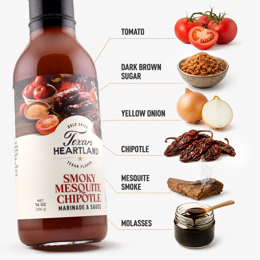 Smoky Mesquite Chipotle ingredients with tomato, brown sugar, onion, chipotle, mesquite smoke and molasses