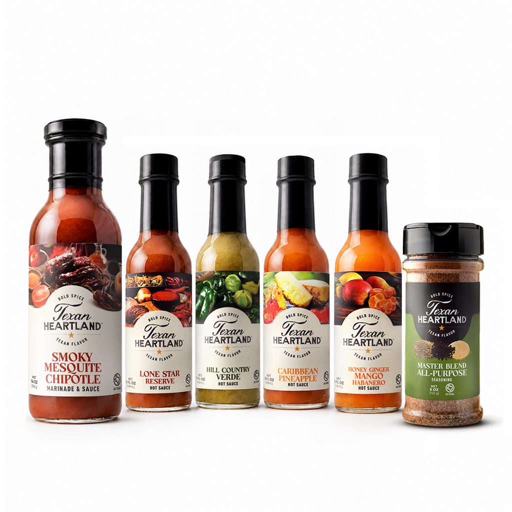 Texan Heartland Tacos Every Day Bundle with Smoky Mesquite Chipotle marinade, four hot sauces and seasoning