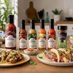 Texan Heartland Tacos Every Day sauces and seasoning served with beef and chicken tacos