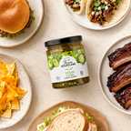 Texan Candy Candied Jalapeños with burgers, tacos, nachos, barbecue and sandwiches